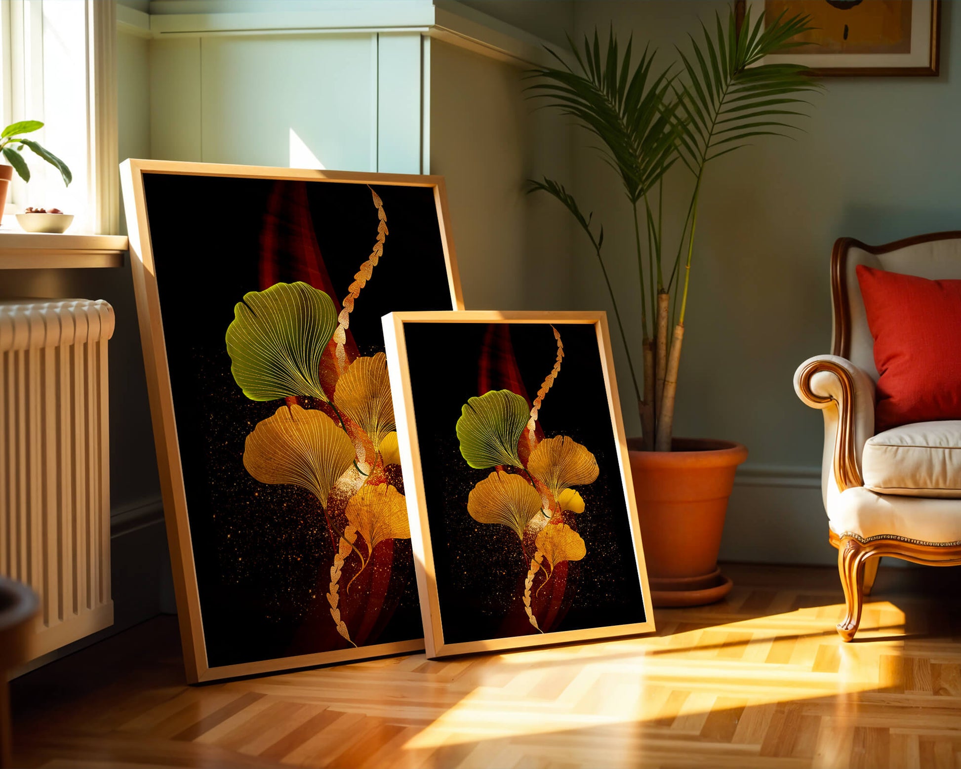 Art abstrait floral avec des feuilles de gingko dorées et un fond sombre