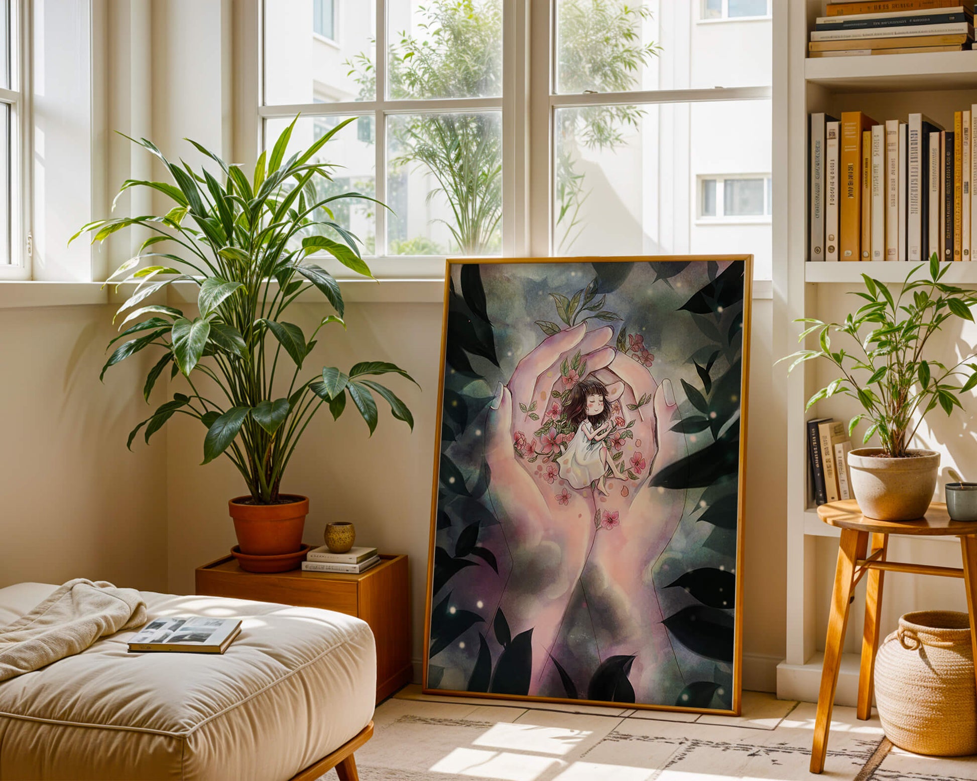 Serene illustration of a child cradled in hands with flowers
