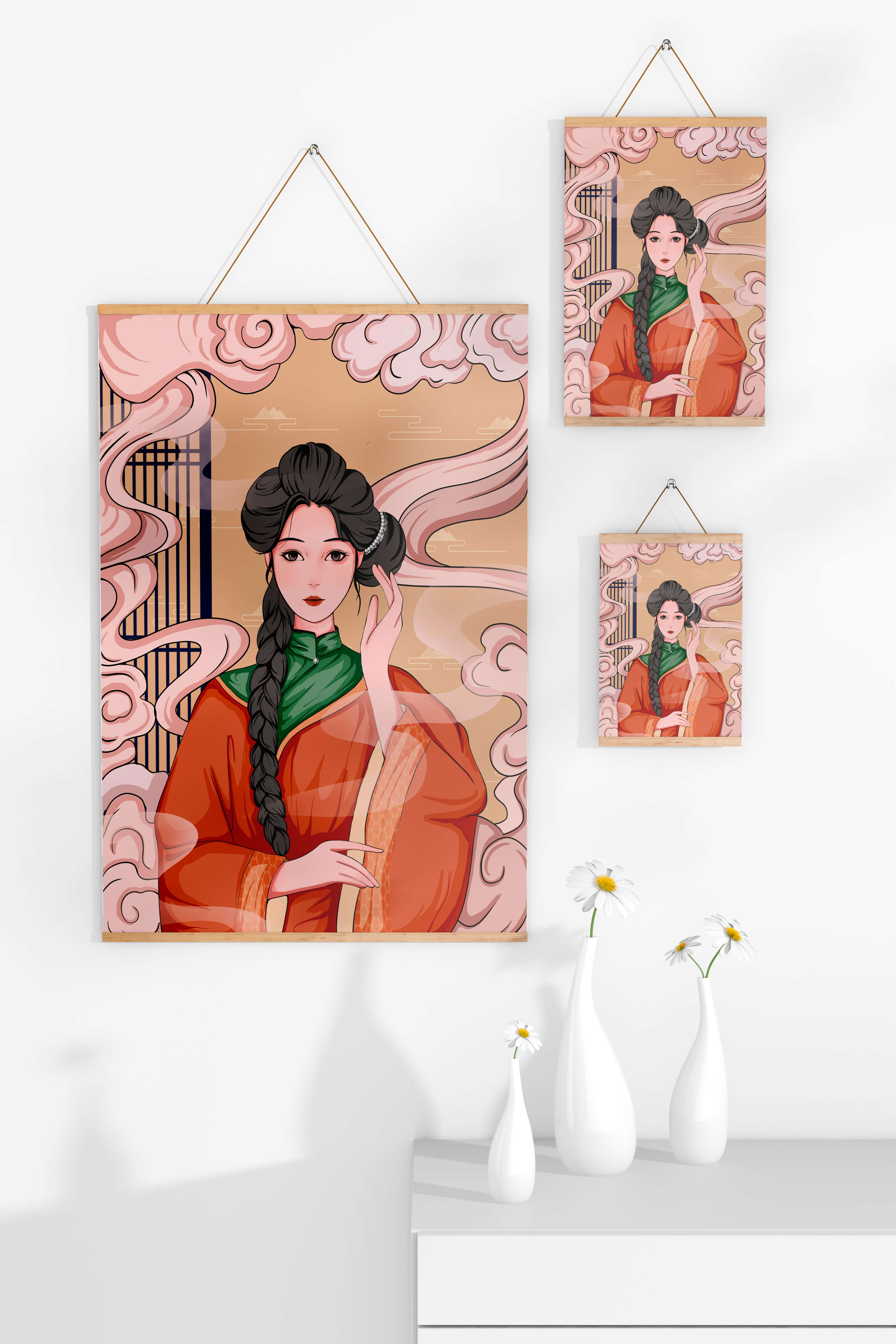 Elegant depiction of a woman in traditional attire with swirling clouds