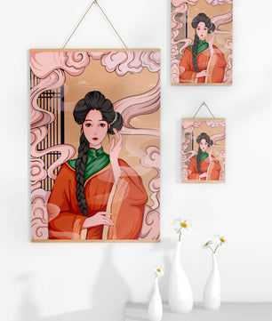 Elegante representación de una mujer con atuendo tradicional y nubes giratorias