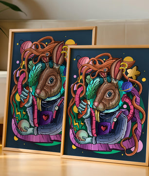 Ilustración abstracta colorida de un conejo en el espacio con pulpo, planetas y zanahoria