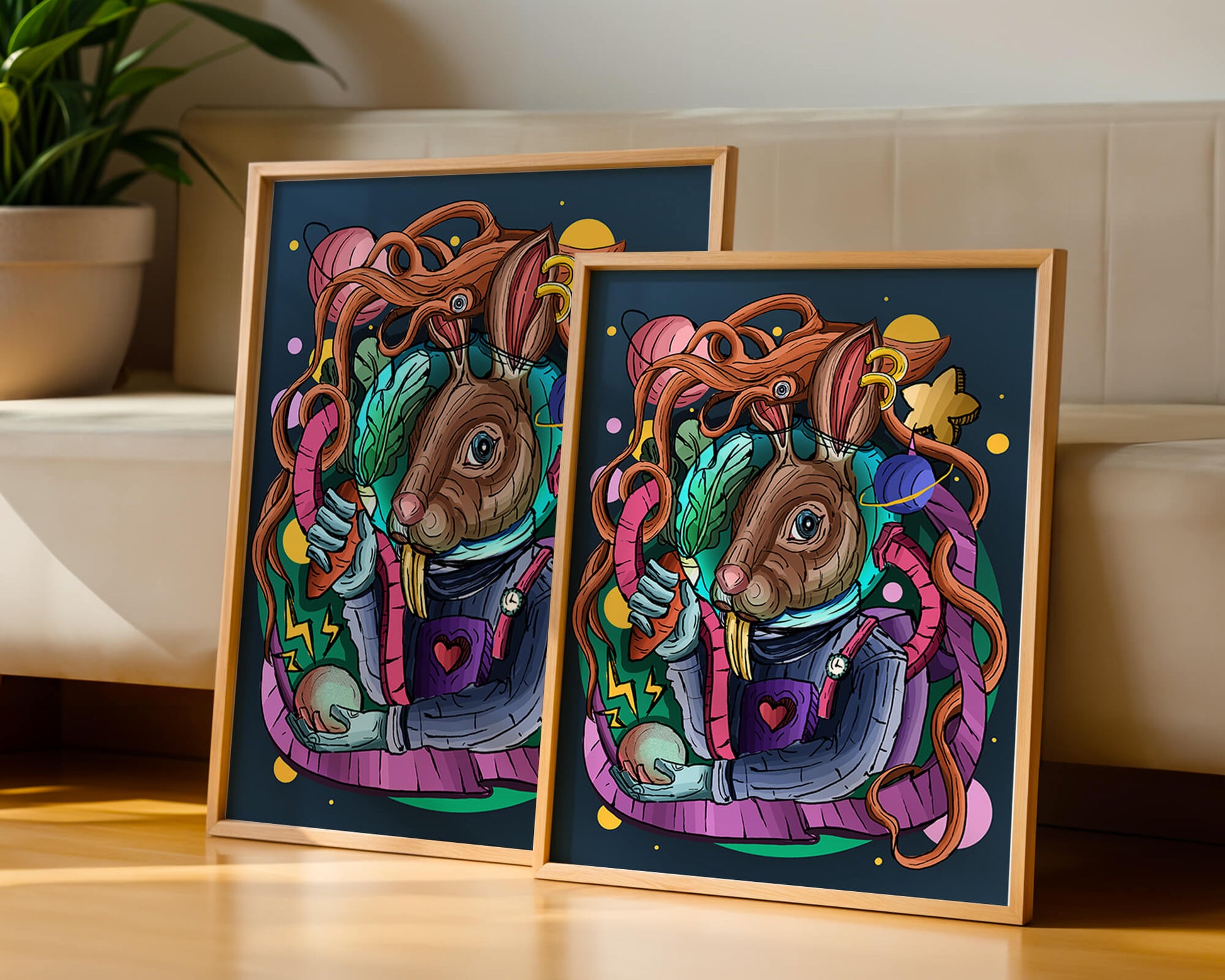 Ilustración abstracta colorida de un conejo en el espacio con pulpo, planetas y zanahoria.
