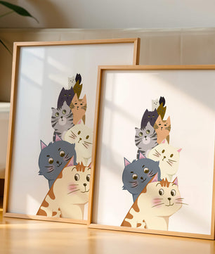 Stack of adorable cartoon cats with diverse patterns and colors