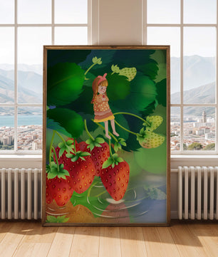 Young girl sitting among large strawberries in a whimsical garden setting