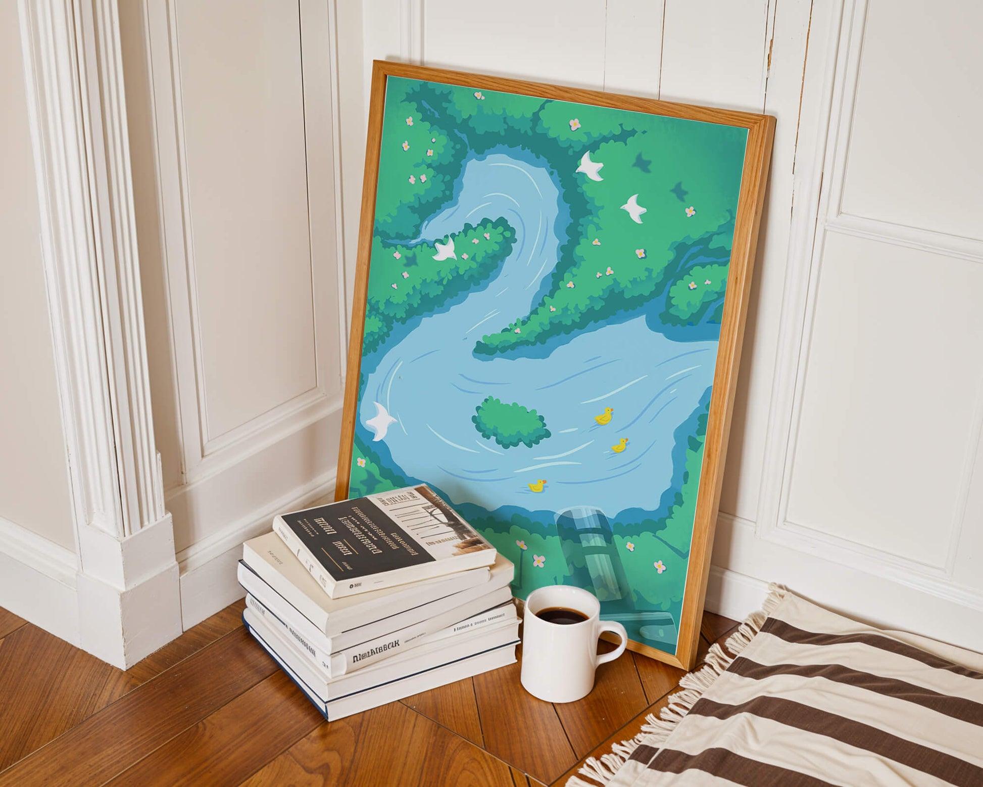 Río sereno con patos y aves en un paisaje exuberante