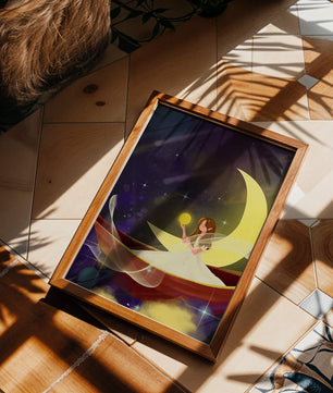 Enchanted night scene with a fairy on a crescent moon