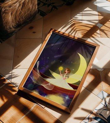 Enchanted night scene with a fairy on a crescent moon