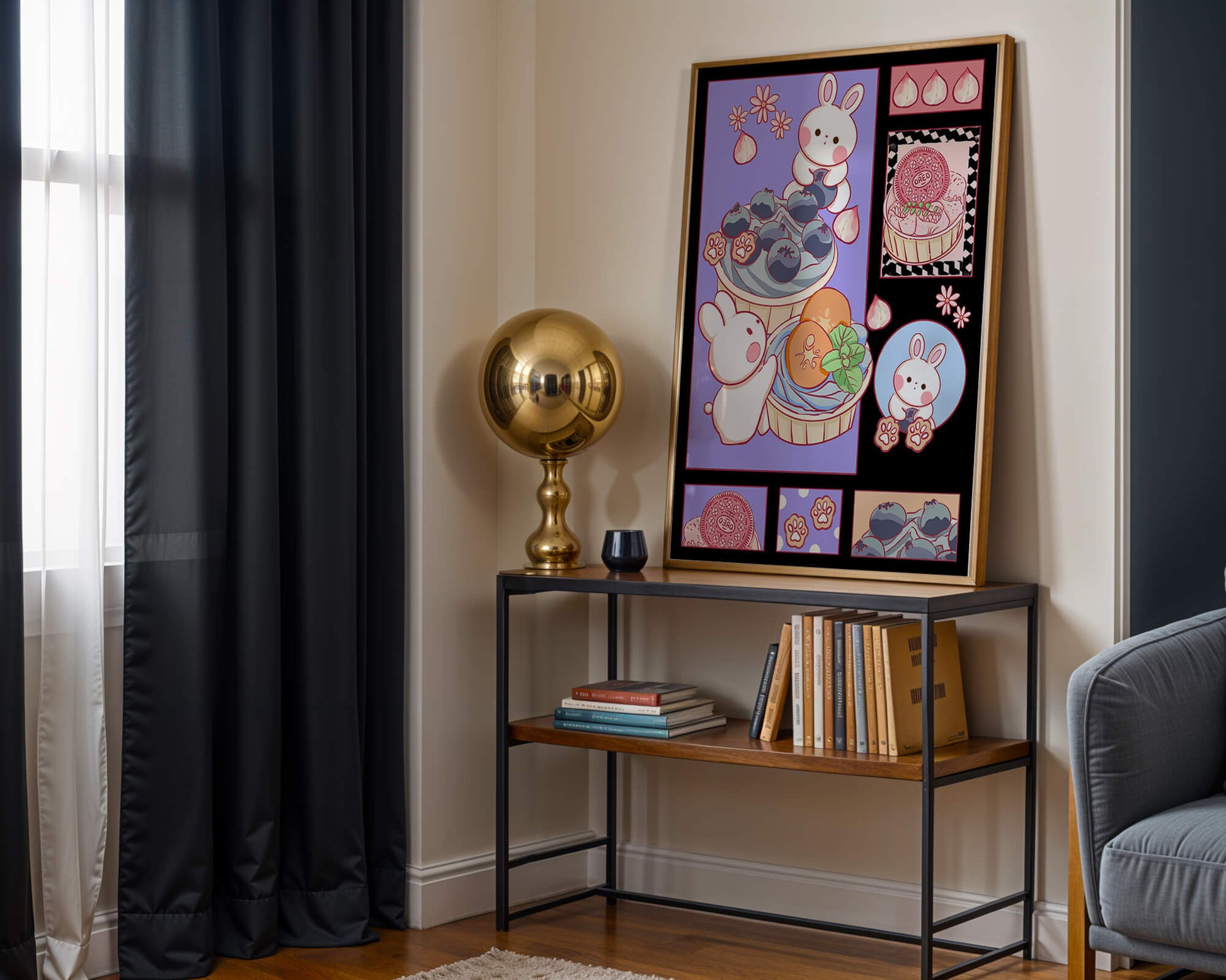 Conejos de dibujos animados encantadores con postres y arándanos