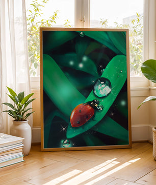 Ladybug on a Leaf with Dew Drops in a Vibrant Nature Scene - Mi tienda