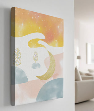 Paisaje onírico con luna creciente dorada y escenario abstracto