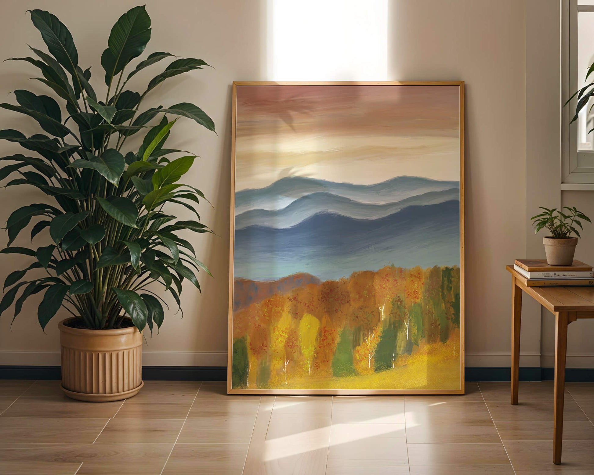 Autumn Mountain Landscape with Vibrant Trees and Colorful Sky