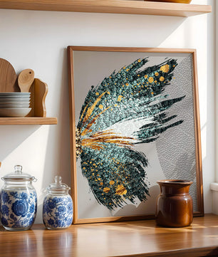 Ala de mariposa abstracta con detalles turquesa y dorados
