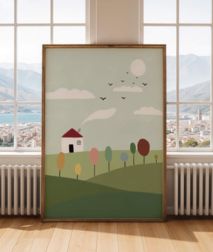 Minimalist Landscape with Colorful Trees and House