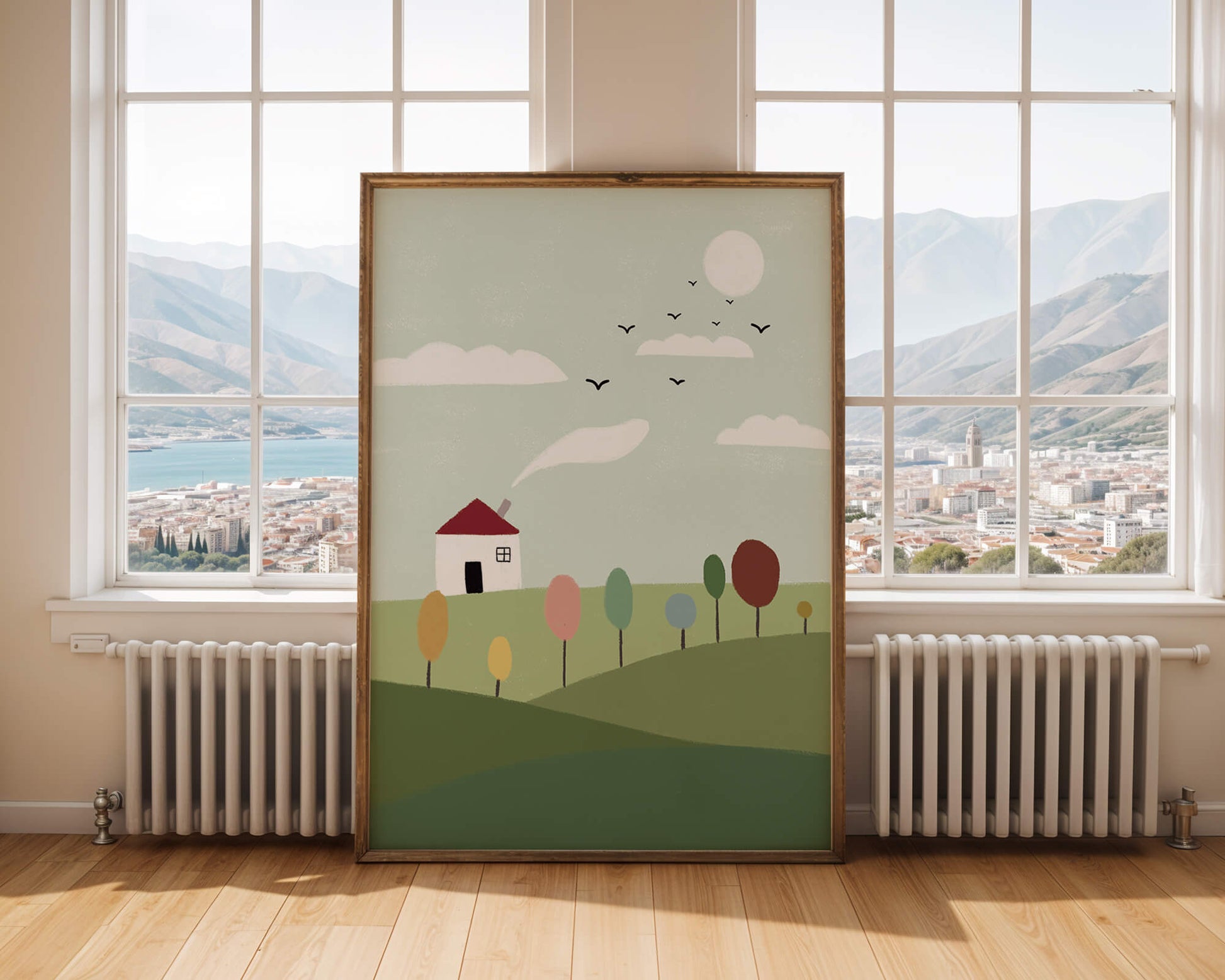 Minimalist Landscape with Colorful Trees and House