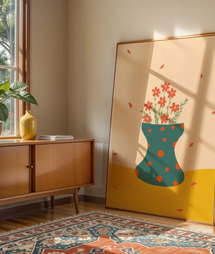 Floral Illustration with Polka Dot Vase on Colorful Background - Mi tienda