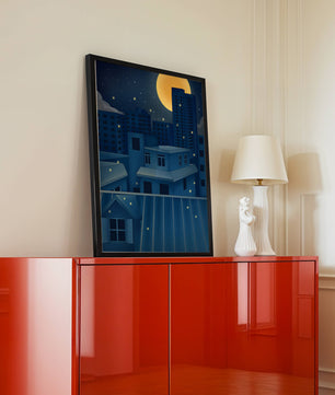 Night Urban Skyline Under a Starry Sky with Bright Full Moon