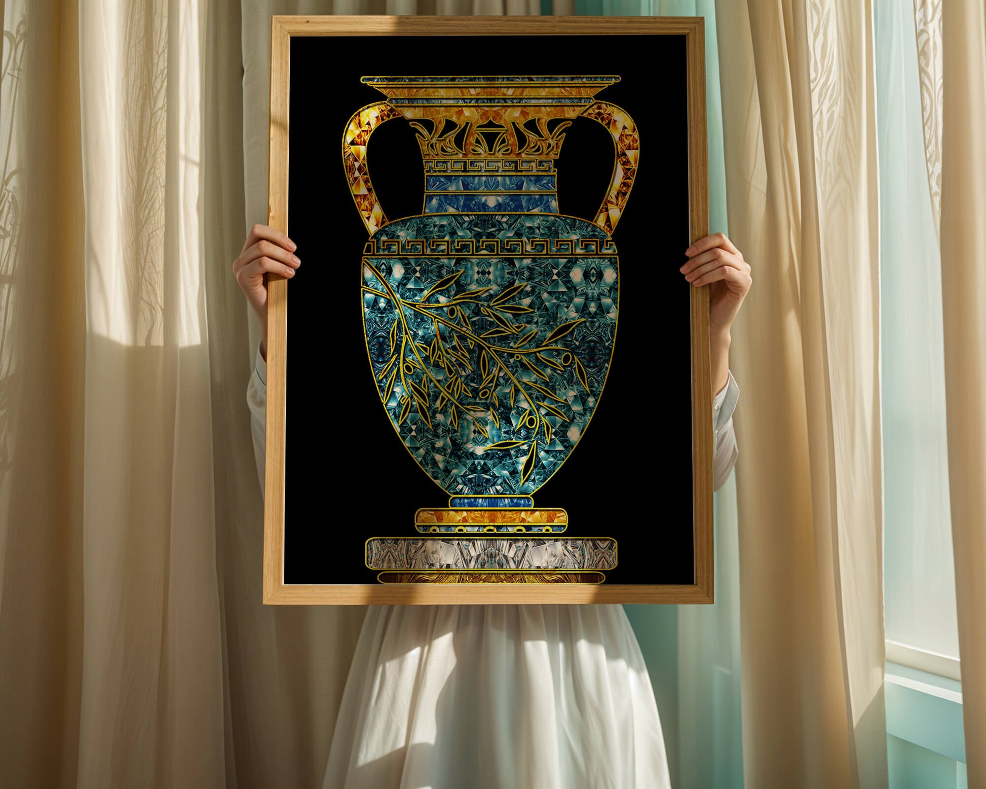 Jarrón de mosaico detallado con piedras preciosas doradas y azules sobre fondo negro