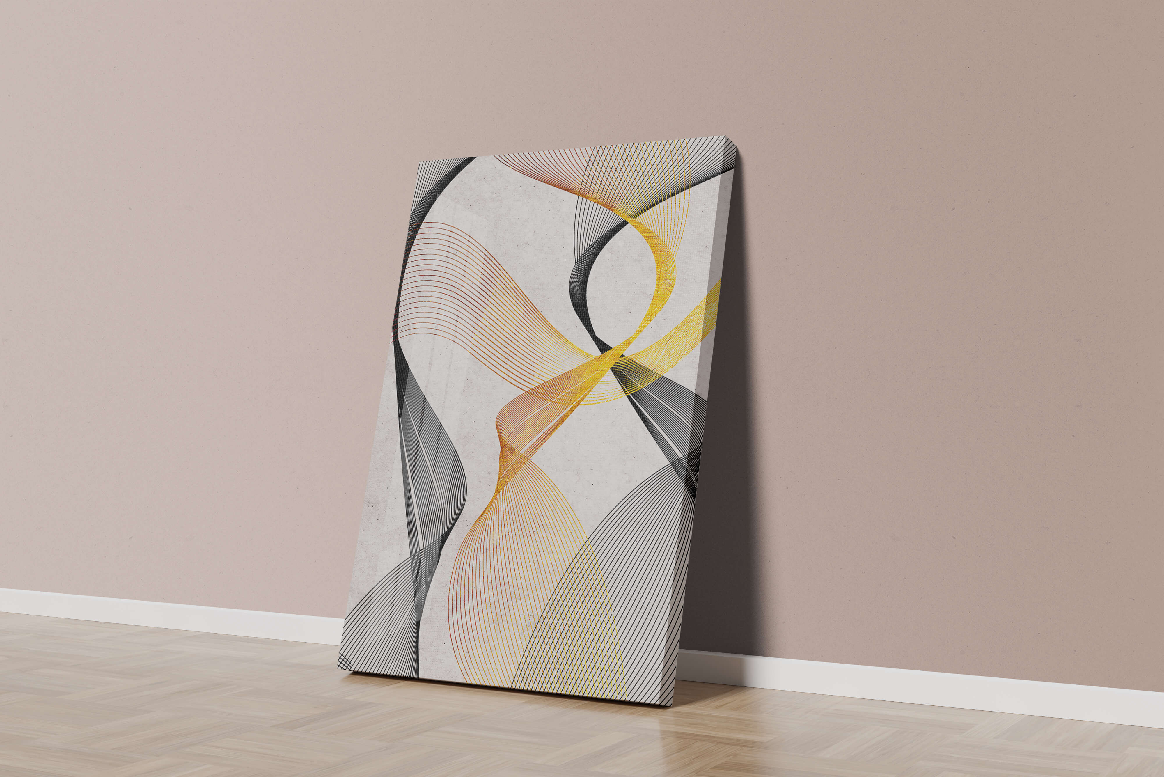 Elegant abstract waves with gold and black lines on textured background