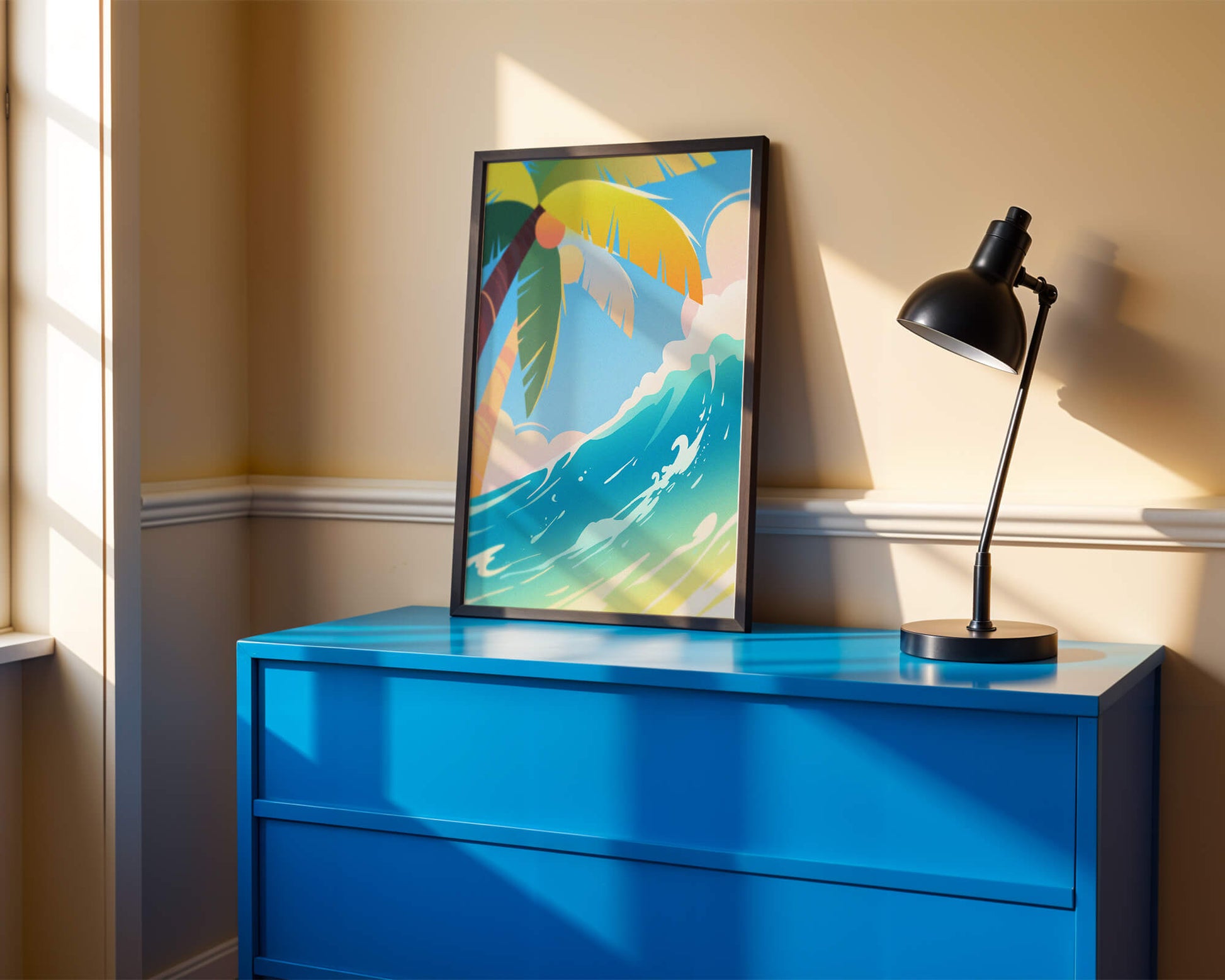 Escena vibrante de playa tropical con palmera y ola del océano