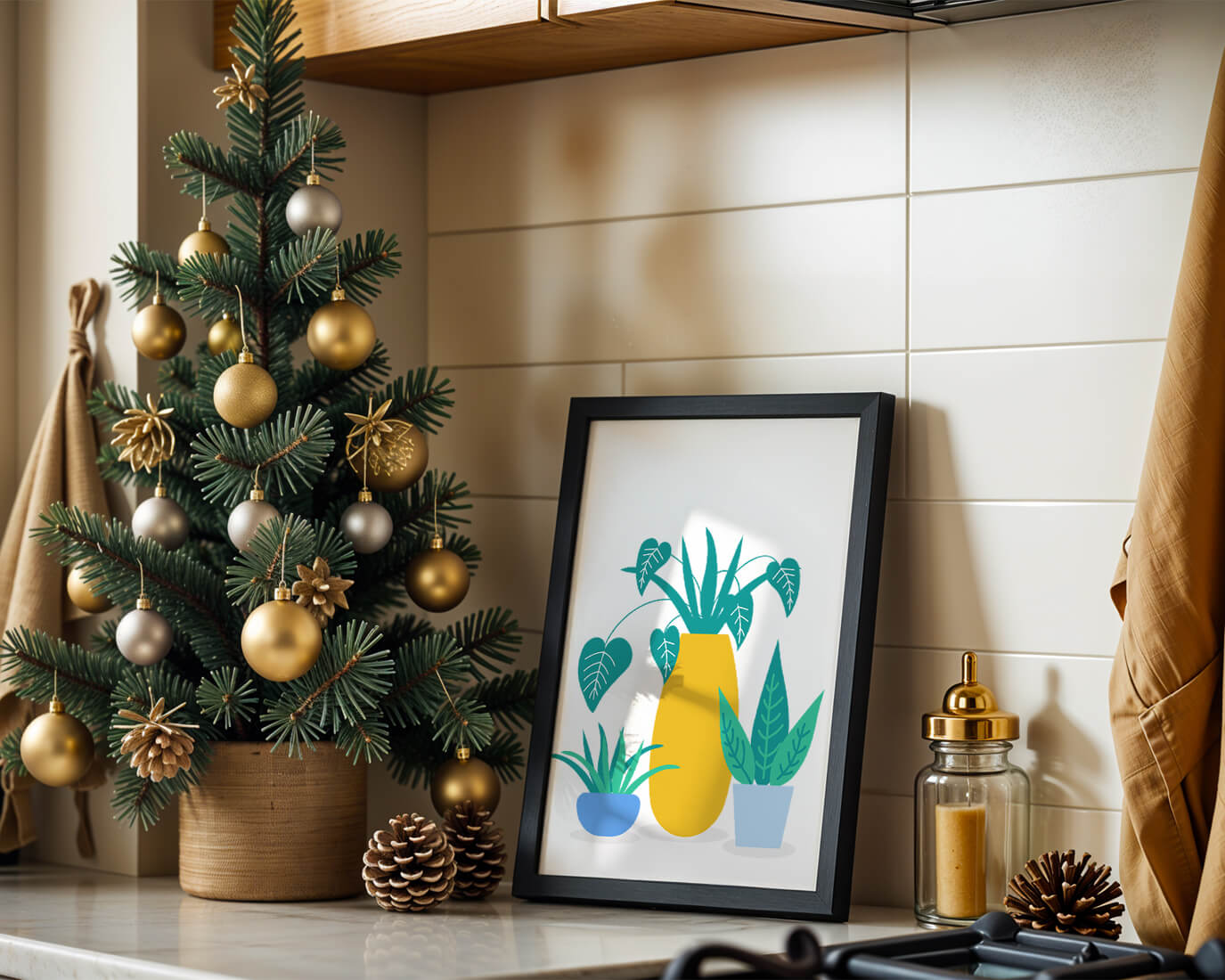 Illustration of colorful potted plants with a yellow vase