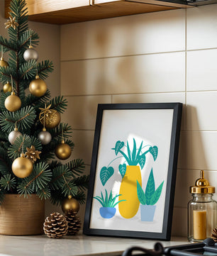 Illustration of colorful potted plants with a yellow vase