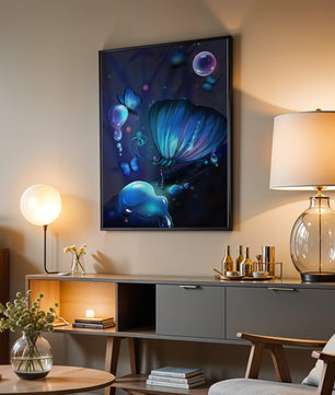 Illuminated Blue Butterflies with Glowing Bubbles in Enchanted Darkness