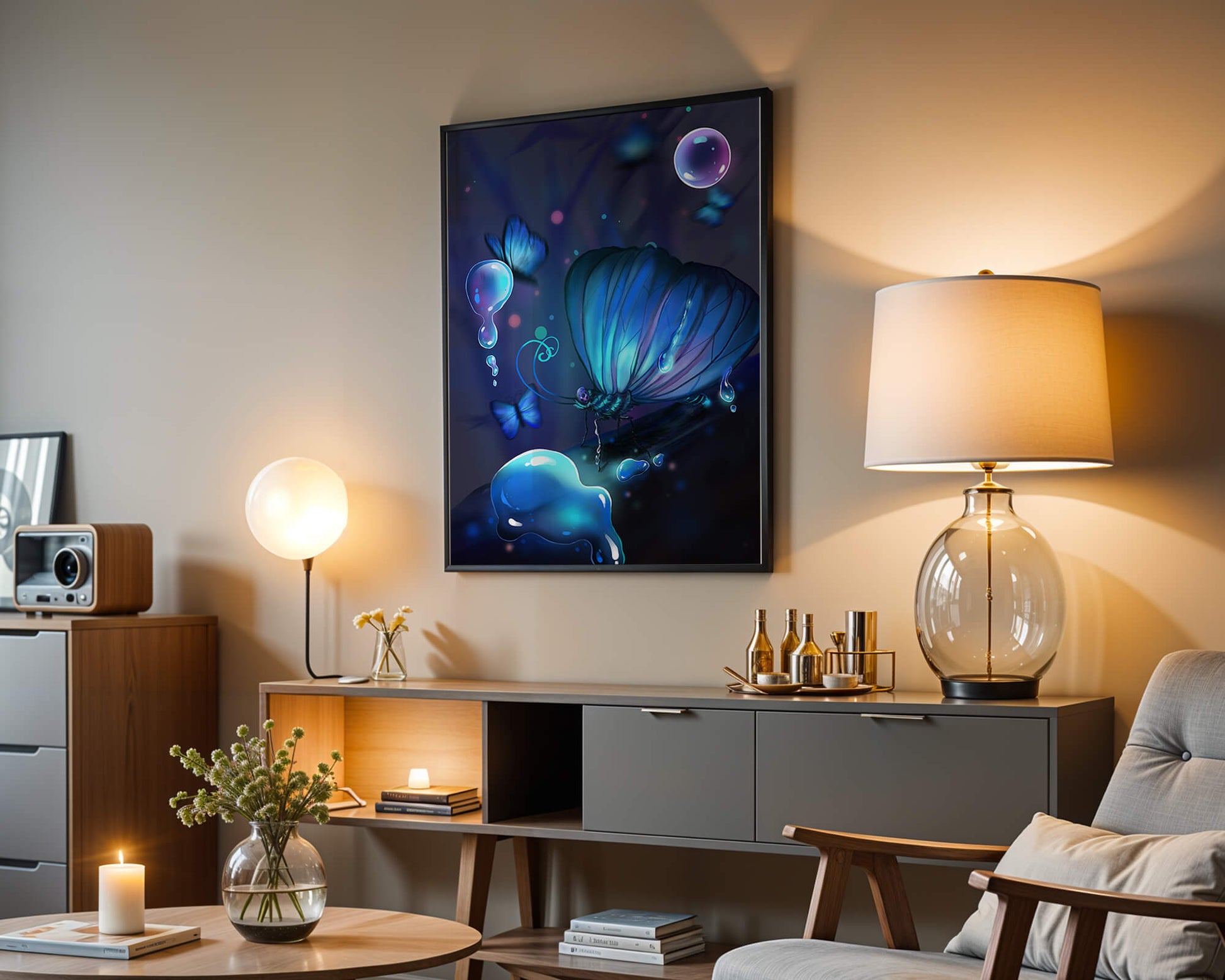 Illuminated Blue Butterflies with Glowing Bubbles in Enchanted Darkness