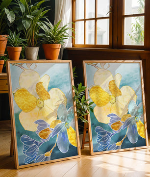 Abstract Floral Art with Golden Accents on Blue Background