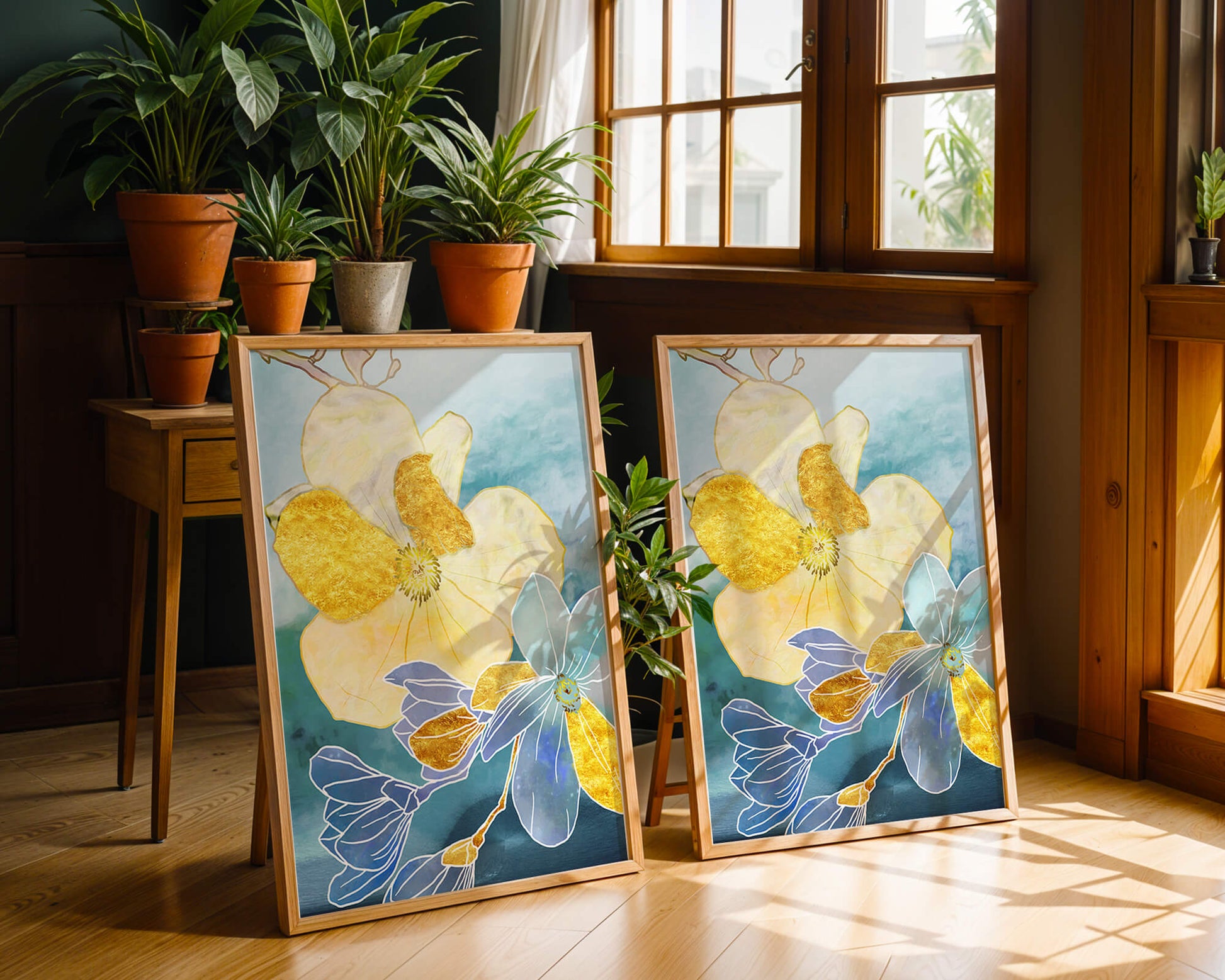 Arte floral abstracto con acentos dorados sobre fondo azul