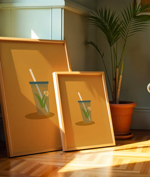 Illustration of a Drink with Botanical Element and Straw on Orange Background - Mi tienda