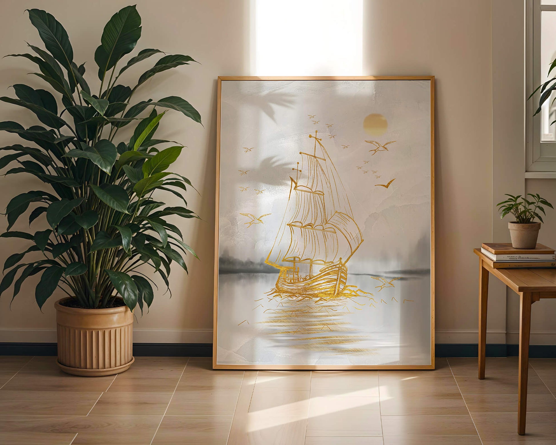 Serene nautical scene with golden sailboat at sea