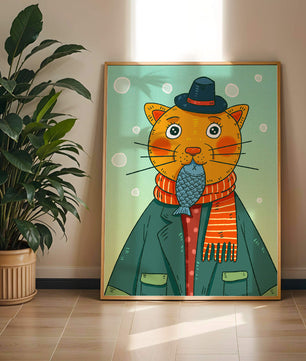 Gato caprichoso vestido con atuendo invernal colorido