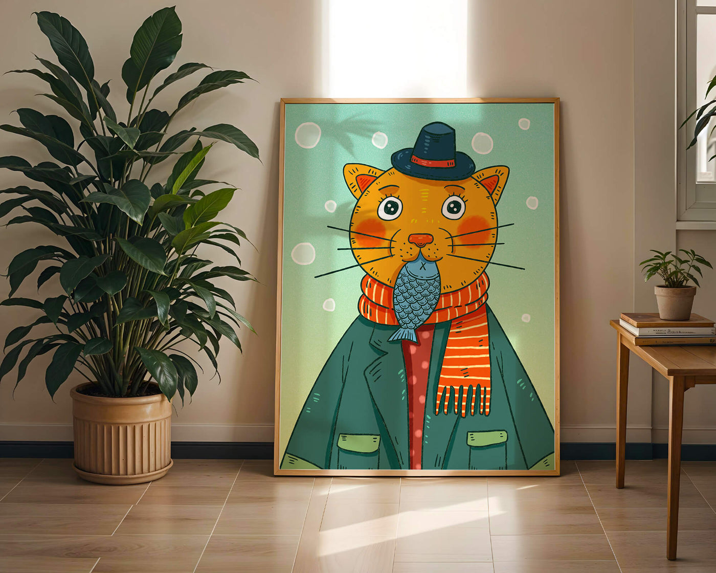 Whimsical cat dressed in colorful winter attire