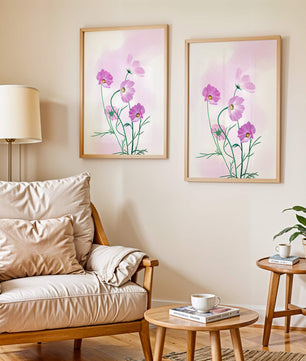 Delicadas flores de cosmos rosa sobre un fondo pastel suave