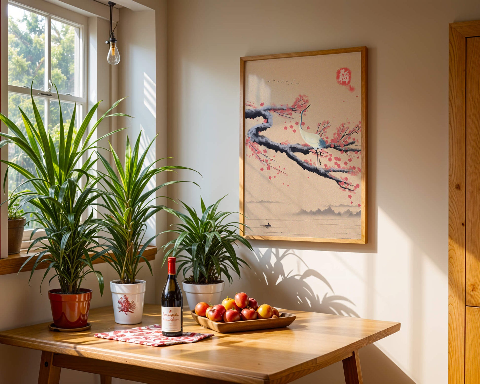 Elegant crane on cherry blossom branch with serene landscape