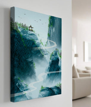 Paisaje montañoso sereno con pagoda y río serpenteante