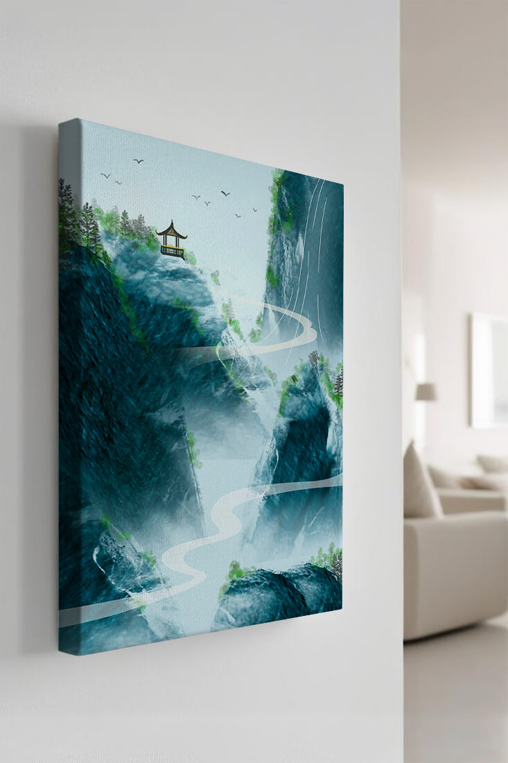 Paisaje montañoso sereno con pagoda y río serpenteante