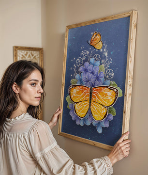 Bright butterfly with blue flowers on a starry background