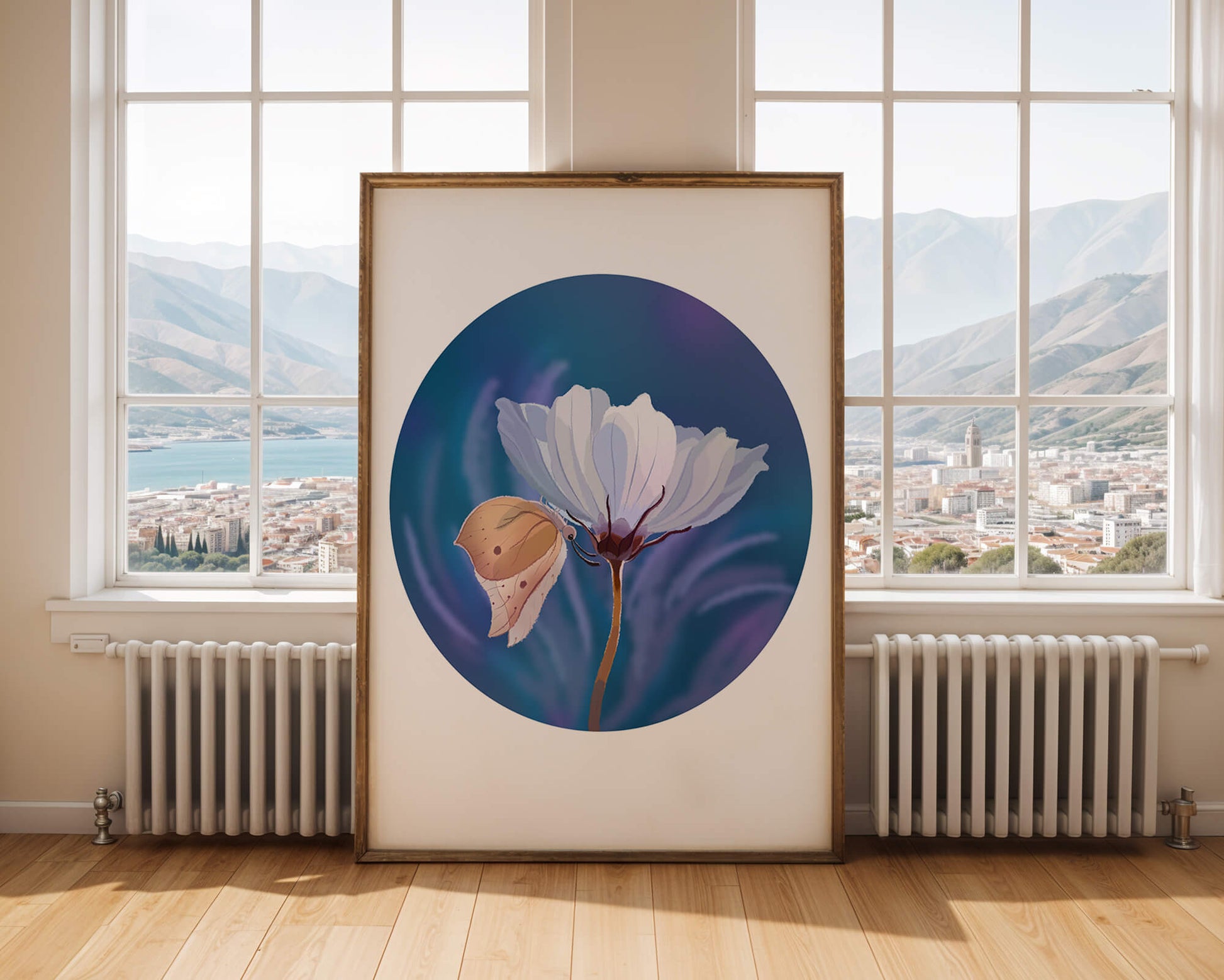 Delicate butterfly resting on a white flower in a serene blue background