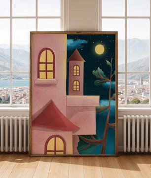 Castillo con ventanas arqueadas bajo el cielo iluminado por la luna