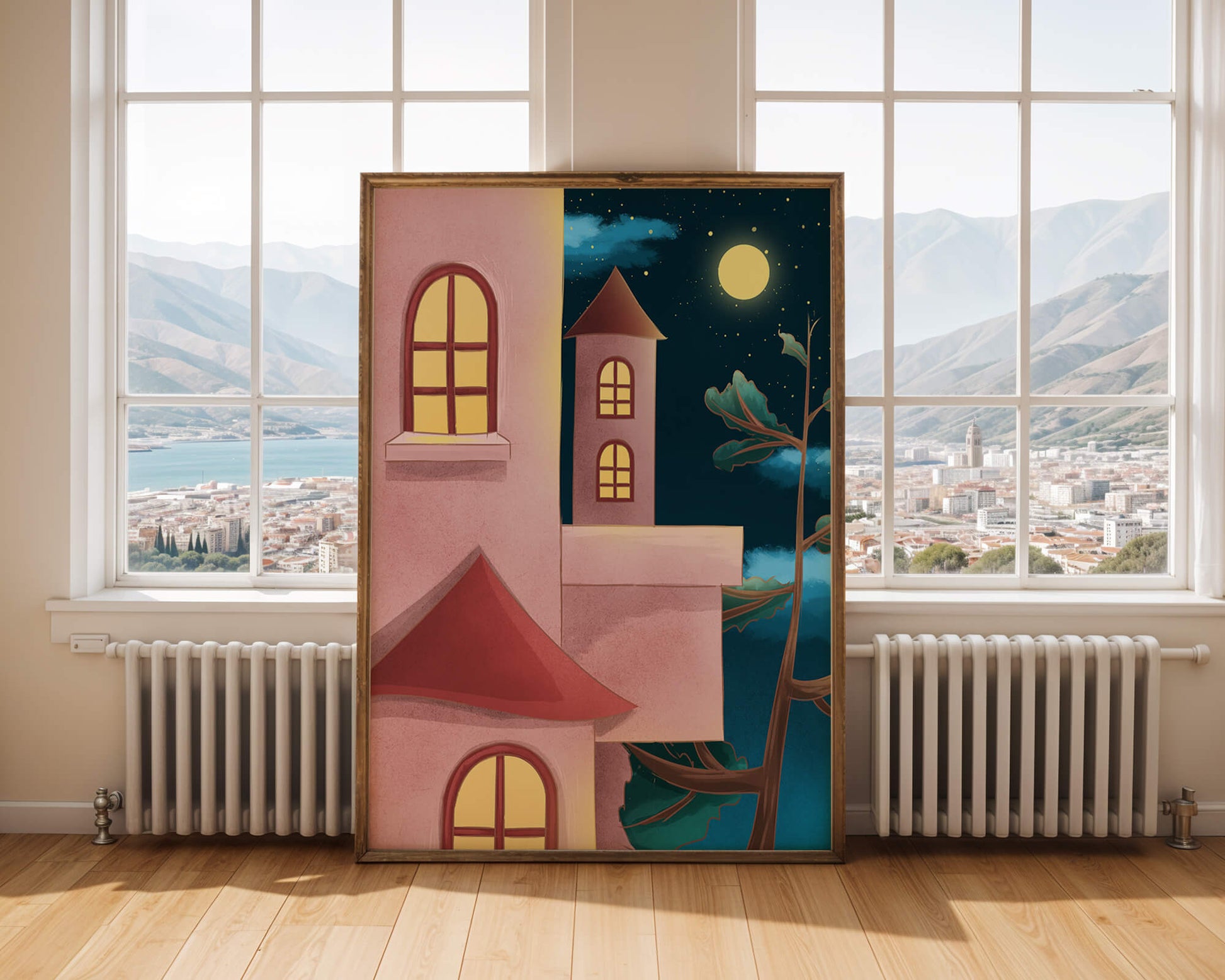 Castle with Arched Windows under Moonlit Sky