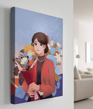 Mujer sosteniendo ramo con fondo floral