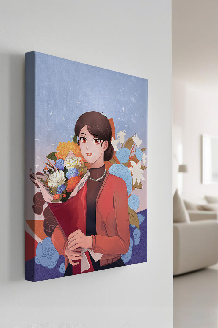 Woman holding bouquet with floral background