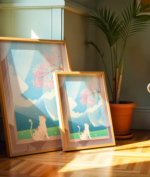 Serene scene with cat gazing out at cherry blossoms through window