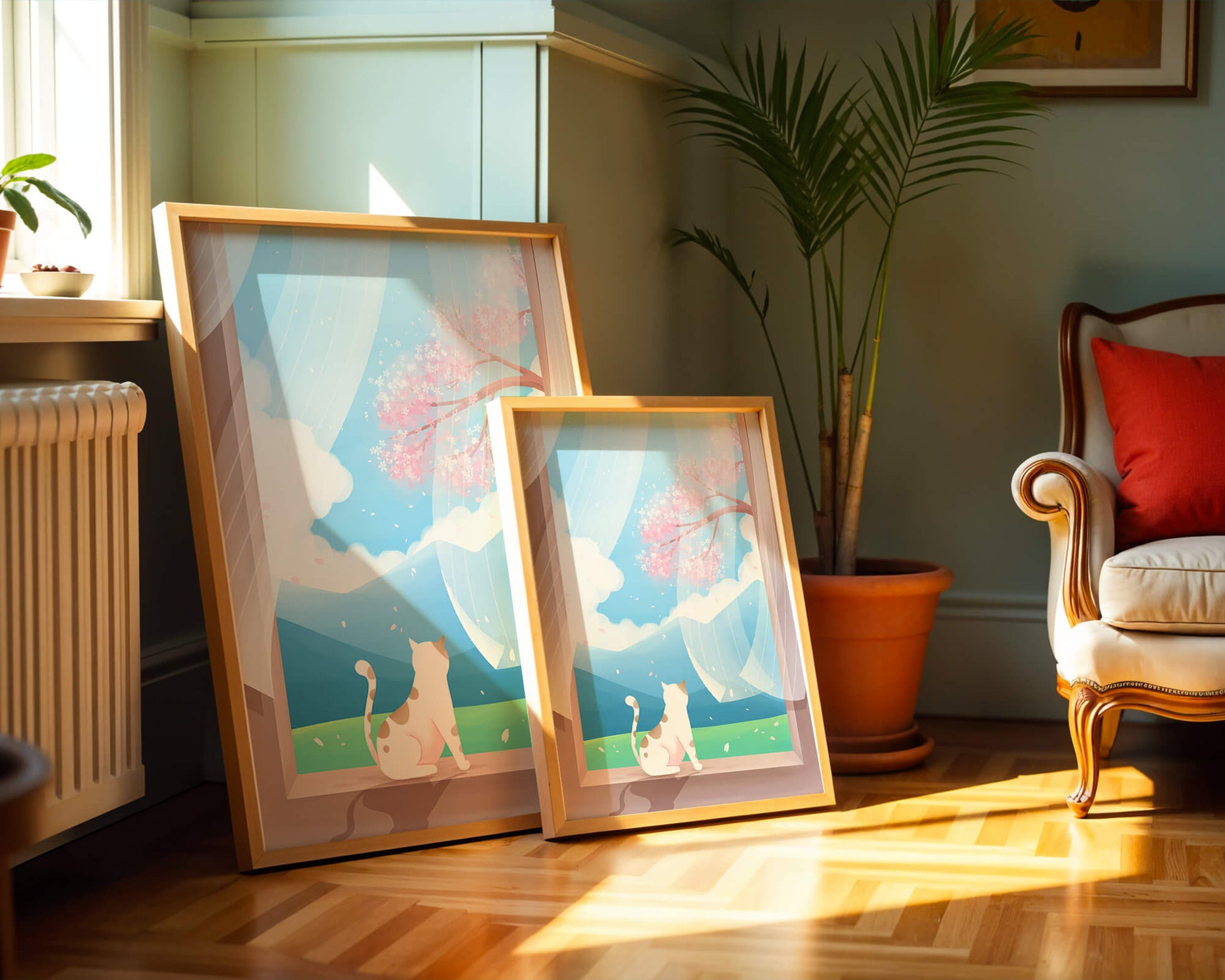 Serene scene with cat gazing out at cherry blossoms through window