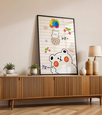 Adorable bears with colorful balloons and cherries on striped background