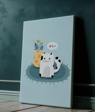 Cute illustration of a cat and flowers on a rug with a speech bubble