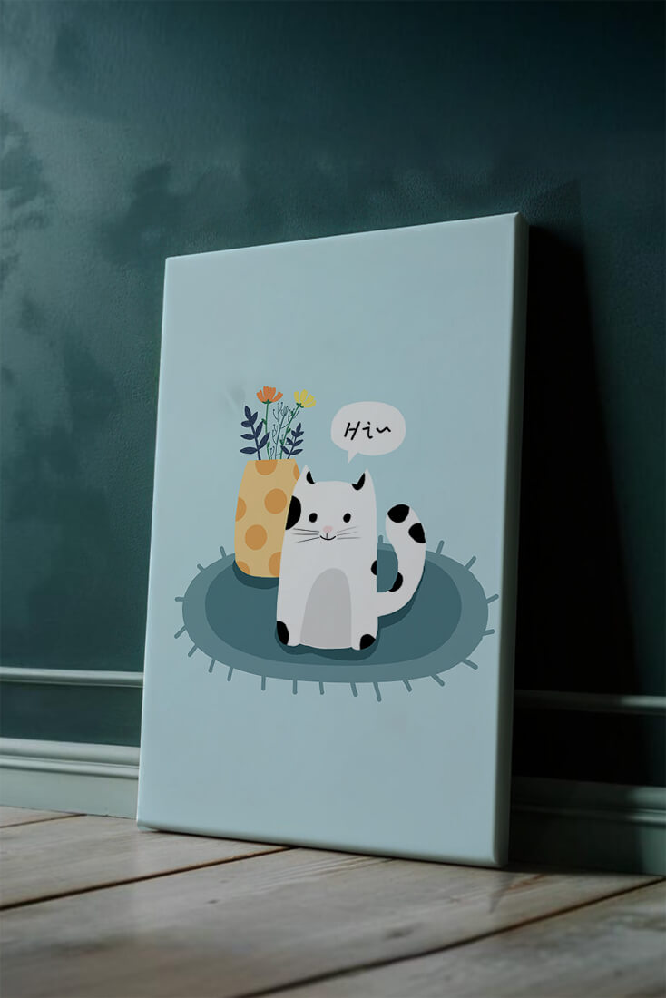 Cute illustration of a cat and flowers on a rug with a speech bubble
