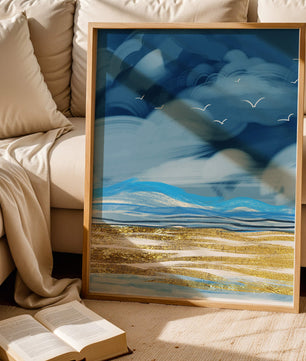 Dynamic Ocean Waves Under Cloudy Sky With Seagulls And Gold-Tinted Sand