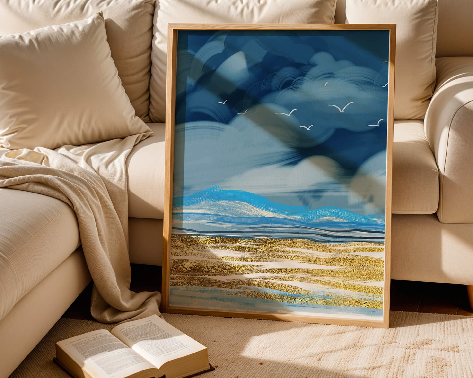 Dynamic Ocean Waves Under Cloudy Sky With Seagulls And Gold-Tinted Sand